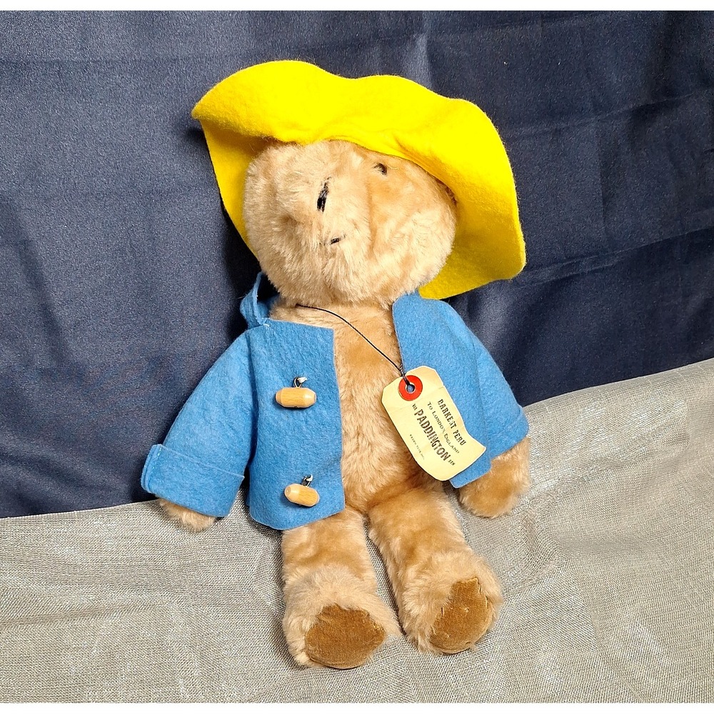 Vintage 1975 Paddington Bear Plush Eden Toys USA Blue Coat Yellow Hat Travel Tag